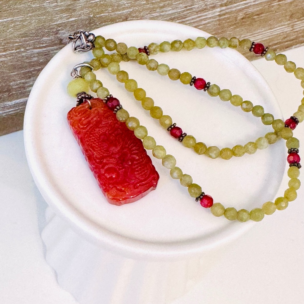 Red Jade Chinese Dragon and Yellow Beaded Necklace